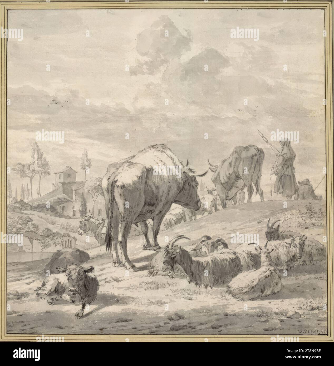 Petit troupeau de bovins et de chèvres avec une bergère qui tourne devant un paysage vallonné italien, Willem Romeijn (Haarlem vers 1624 - vers 1695 Haarlem), dessin, craie noire, brosse en gris, lavis gris (mélangé à du blanc opaque)., 32,6 x 32 cm, l.l. Duc Albert de Saxe-Teschen Banque D'Images