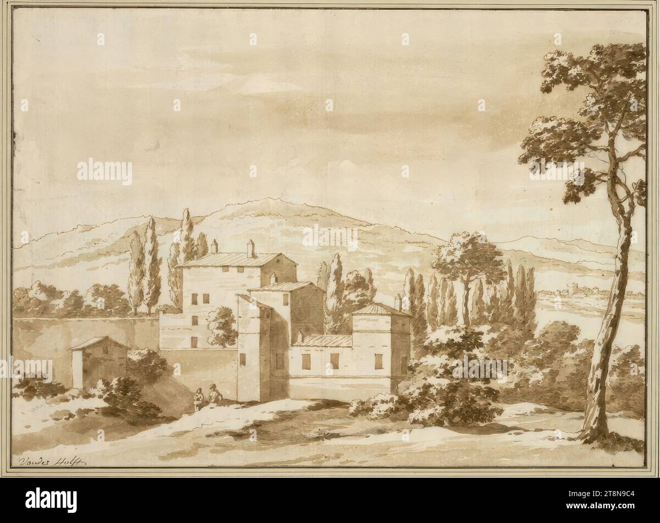 Maison de campagne italienne en face d'un paysage vallonné, Jacob van der Ulft (Gorinchem 1621 - 1689 Noordwijk), dessin, plume et encre en brun, lavage brun, accentué avec de la craie noire. Le centre vertical se plie tout au long ; le repère RE. Coin inférieur arraché et attaché à nouveau., 28,7 x 39,8 cm Banque D'Images