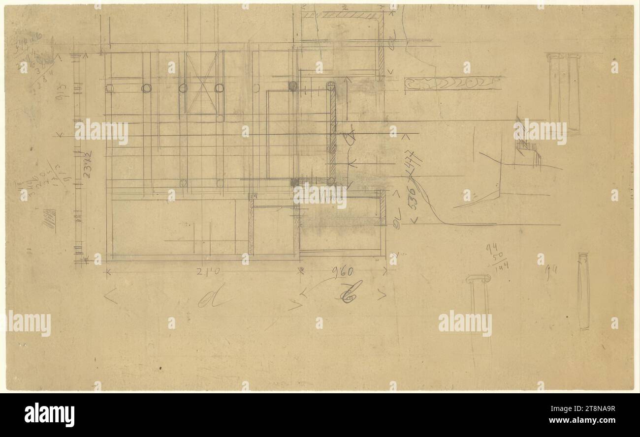 Aménagement des terrains horticoles, Vienne I., Parkring, plan du sol, croquis divers, 1917, dessin architectural, papier ; crayon, 212x343mm Banque D'Images