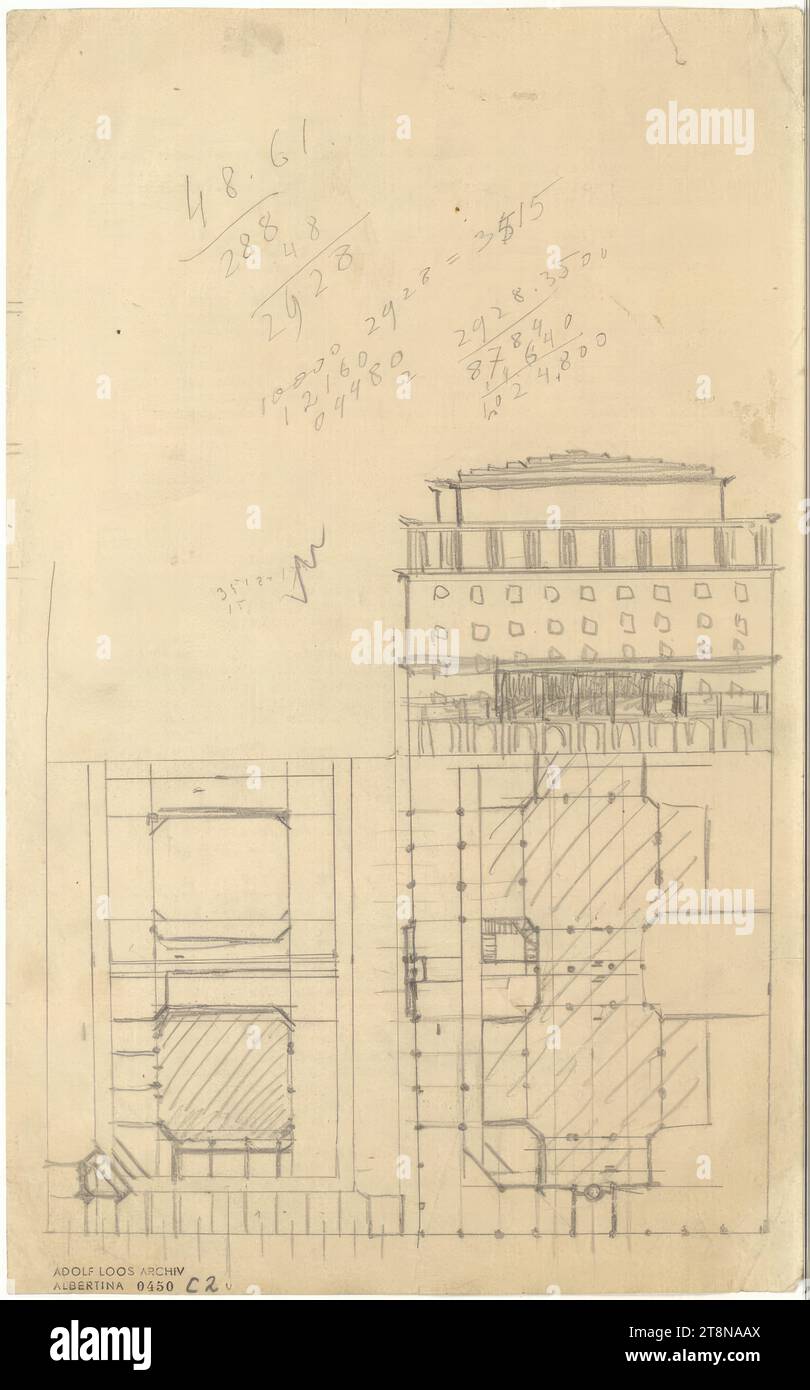 Aménagement du terrain horticole, Vienne I., Parkring, petite tour d'angle, élévation, plan d'étage, 1917, dessin architectural, papier ; crayon, 341 x 212 mm Banque D'Images