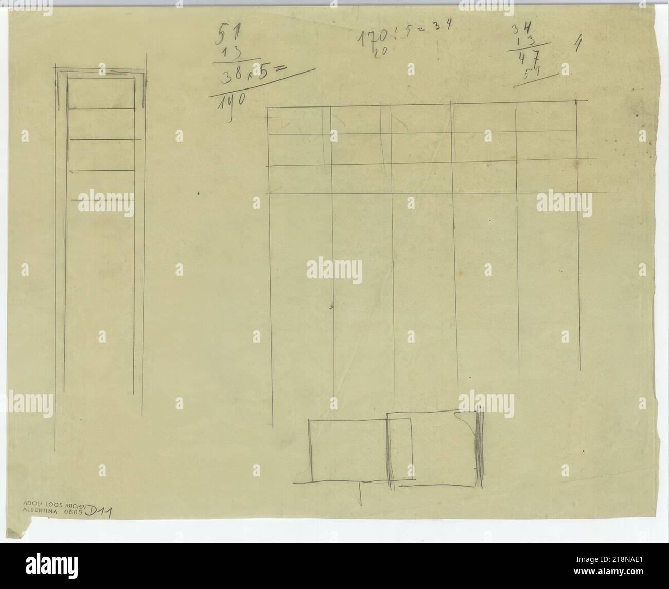 Croquis de construction de mur, avec calculs, dessin architectural, papier transparent ; crayon, 282 x 356 mm Banque D'Images