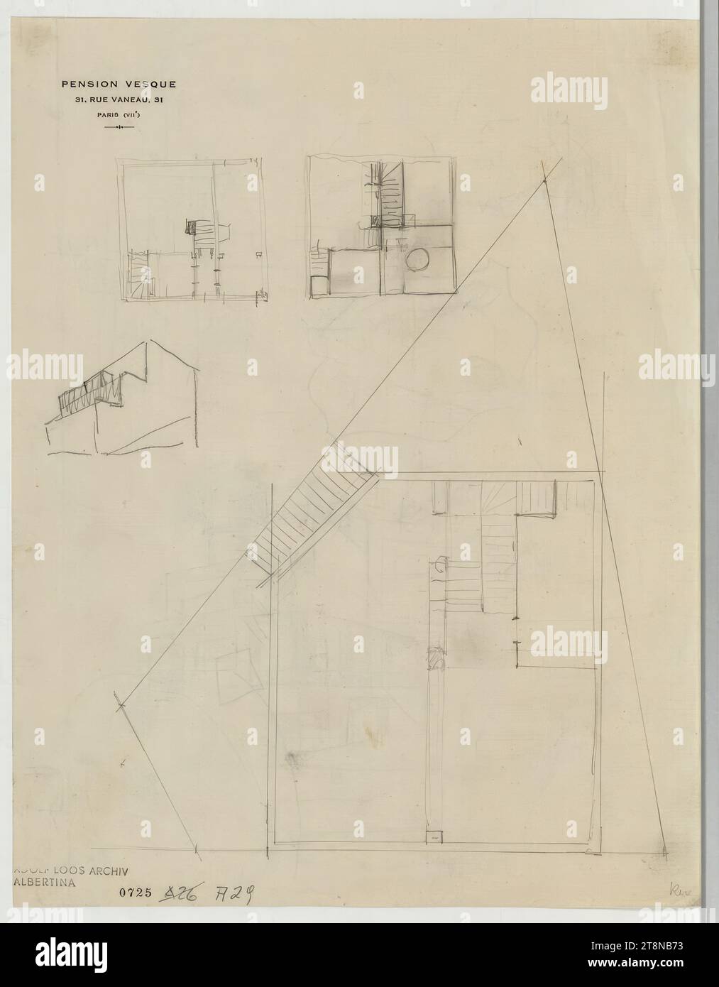 Maison Erwin Rosenberg, Paris XVIII, Avenue Junot/Corner rue Simon-Dereure, France, vues, plans d'étage, détails, 1925, dessin architectural, papeterie ; crayon, 269x209mm Banque D'Images