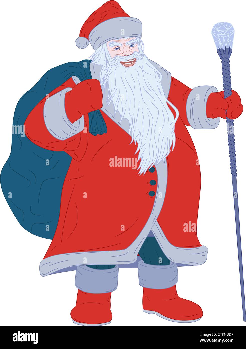 Père Noël avec sac derrière le dos et personnel. Illustration vectorielle donne vie à la charmante image du Père Noël en manteau de fourrure et chapeau de fourrure. Illustration de Vecteur