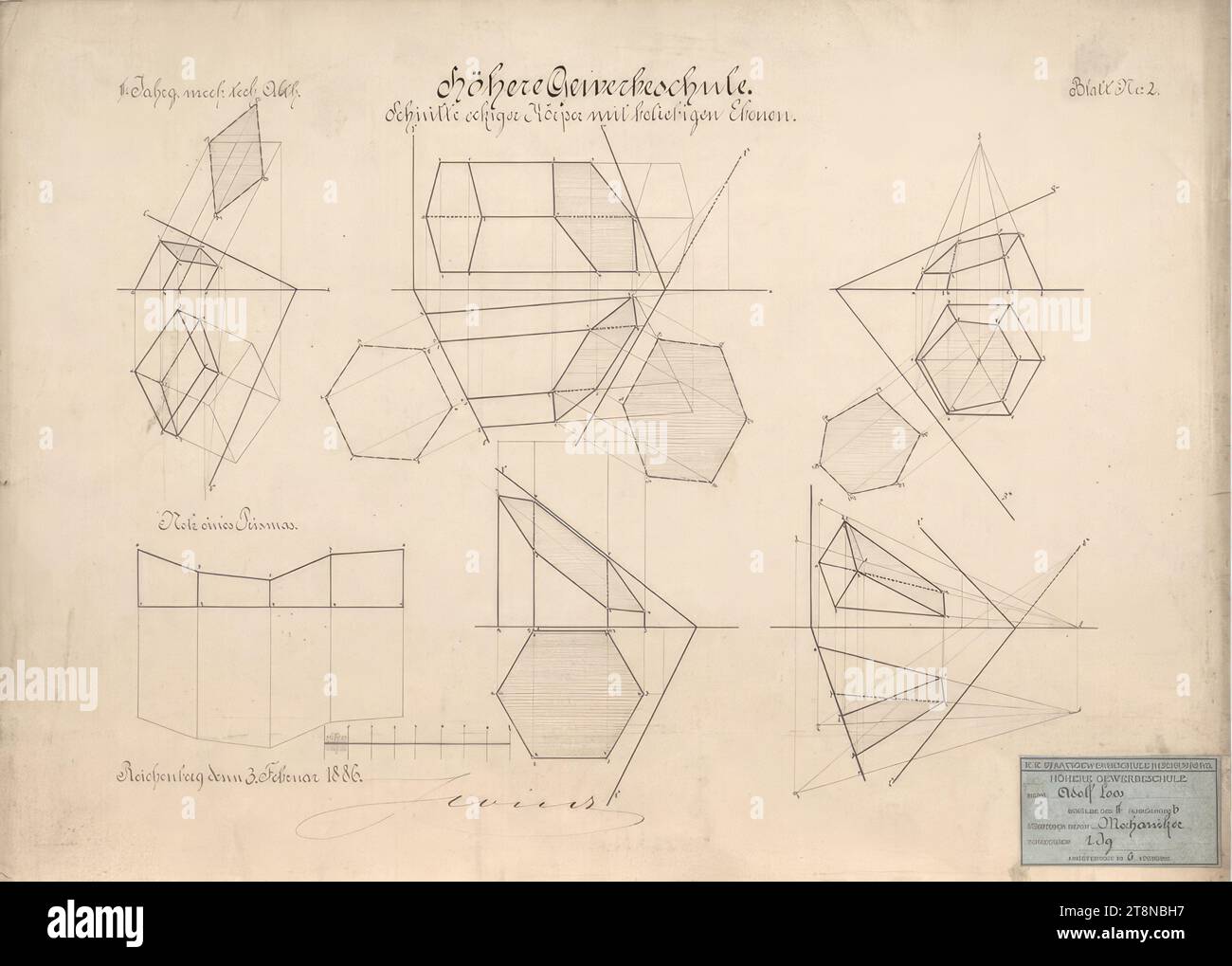 Œuvres des journées scolaires de Loos, géométrie, 3 février 1886, 1886, dessin architectural, papier à dessin ; encre, 380 x 532 mm Banque D'Images