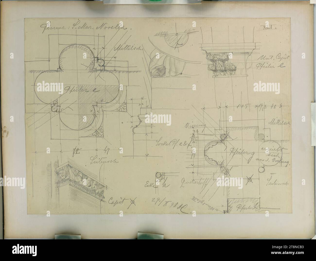 Relevé architectural, Florence, S. Maria Novella, piliers, plan au sol, élévation, perspective, 1898, dessin architectural, papier, épaisseur moyenne ; dessin au crayon, 24,9 x 32,7 cm Banque D'Images