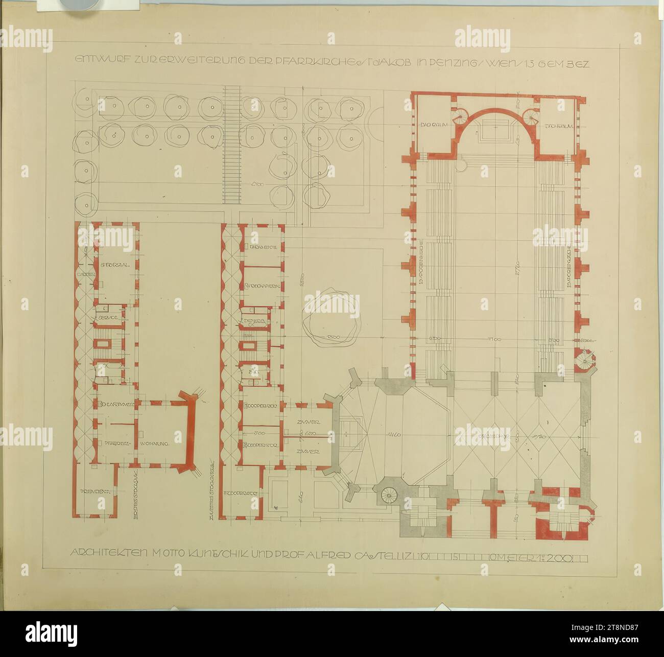 Vienna-Penzing, extension de l'église paroissiale de St. Jakob, plan des étages supérieurs avec les 1e et 2e étages du presbytère, Alfred Castelliz (artiste, Celje 1870 - 1940 Vienne), M. Otto Kuntschik, 1912, dessin architectural, papier, fixe ; Plan, aquarelle (rouge, gris), 39,5 x 43,2 cm, 'DRAFT POUR L'EXTENSION DE L'ÉGLISE PAROISSIALE ST JAKOB IN PENZING/ VIENNA/13 GEM BEZ/ ARCHITEKTEN M OTTO KUNTSCHIK ET PROF ALFRED CASTELLIZ' ; désignations spatiales et d'échelle, citations Banque D'Images