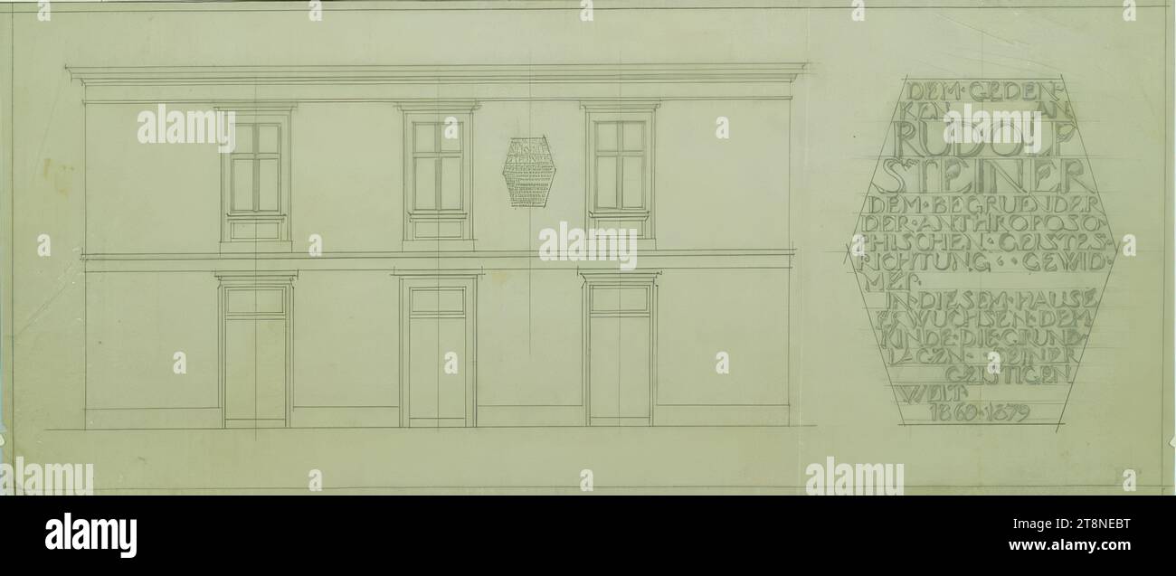 Plaque commémorative pour Rudolf Steiner, conception, vue et situation de montage, Alfred Castelliz (Celje 1870 - 1940 Vienne), vers 1928, dessin architectural, Aquafix ; dessin au crayon, 21,5 x 50,2 cm, inscription sur le panneau : 'DEM. GEDEN./ KEN AN/ RUDOLF/ STEINER/ DEM. FONDATEUR/ LE. ANTHROPOSO./ PHICAL. MENTAL./ DIRECTION.. FILETAGE./ MÉT./ PO. CECI. ACCUEIL/ ADULTE. DEM/ ENFANTS. LE. BASE./ COUCHES.. DE SON/ MENTAL/ MONDE./ 1869,1879 Banque D'Images