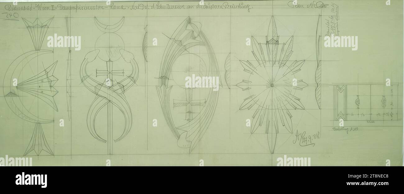 Vienne-Leopoldstadt, Dianabad, salon de coiffure pour femmes, caisse, sculptures sur le parapet extérieur, détails naturels, élévations et coupes, Alfred Castelliz (Celje 1870 - 1940 Vienne), 1928, dessin architectural, Aquafix ; dessin au crayon, 35,8 x 88,5 cm, 'Dianabad - Vienne II - salon de coiffure pour femmes - billetterie - NAT. Dét. d. sculptures sur le parapet extérieur. Plan no 045/Dianabad/R 47. 5. 60 (61, 62)/ Engineer Niemann/ Parapet 1 : 10/ AC 27. 9. 28', citations Banque D'Images