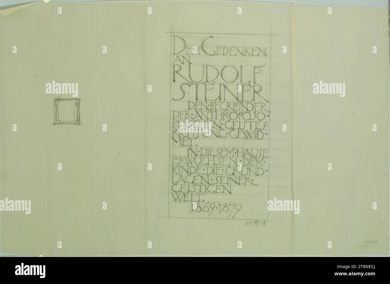 Plaque commémorative pour Rudolf Steiner, ébauche, vue, Alfred Castelliz (Celje 1870 - 1940 Vienne), 1928, dessin architectural, Aquafix ; dessin au crayon, 21,5 x 34,5 cm, inscription sur le tableau : 'DEM GEDENKEN/ AN/ RUDOLF/ STEINER/ DEN. FONDATEUR/ LE. ANTHROPOSO-/ PHIC. ESPRIT/DIRECTION. FILETAGE/ MÉT./ PO. CECI. ACCUEIL/ ADULTE. DEM./ ENFANTS. LE. BASIQUES/CALQUES. HIS./ SPIRITUAL/ WORLD./ 1869.1879', DATANT : '14. III 28 Banque D'Images