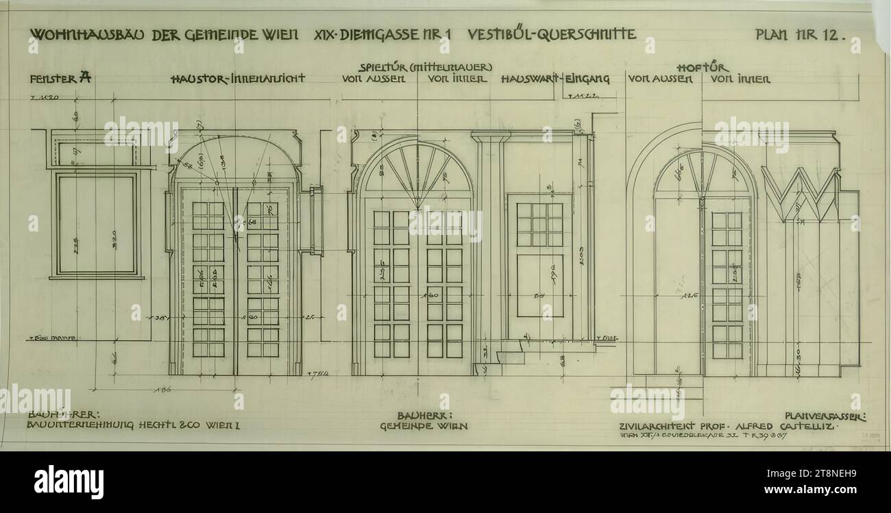 Vienne-Döbling, maison Diemgasse 1, immeuble résidentiel de la municipalité de Vienne, vestibule, sections transversales, Alfred Castelliz (Celje 1870 - 1940 Vienne), 1928, dessin architectural, Aquafix ; dessin au crayon et dessin à la plume (noir), 29,9 x 59,4 cm, «IMMEUBLE RÉSIDENTIEL DE LA COMMUNAUTÉ VIENNE XIX DIEMGASSE NR 1 VESTIBÜL COUPES PLAN NR 12./ FENÊTRE A/ PORTE DE MAISON VUE INTÉRIEURE/ PORTE DE JEU (MUR MOYEN)/ DE L'EXTÉRIEUR/ DE L'INTÉRIEUR/ ENTRÉE DU GARDIEN/ PORTE COUR/ DE L'EXTÉRIEUR/ DE L'INTÉRIEUR', ANNONCES Banque D'Images