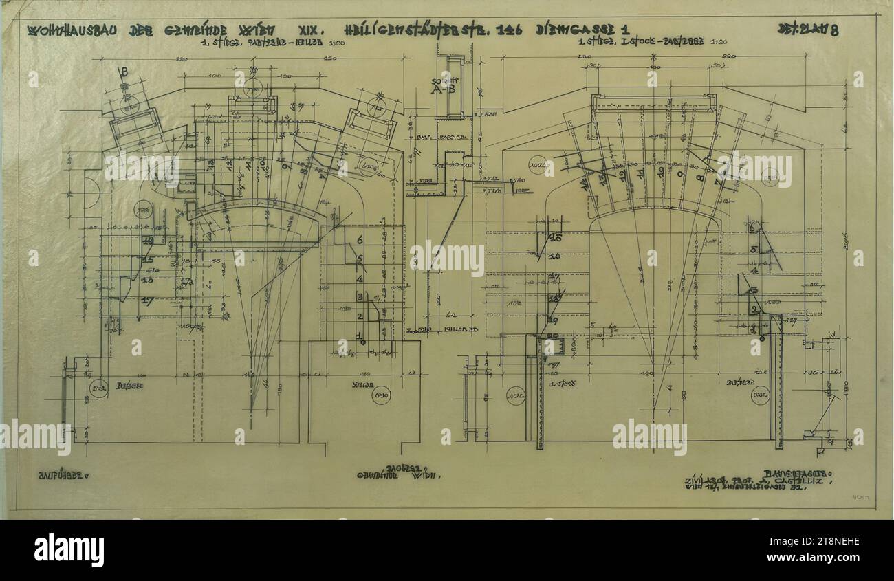 Vienne-Döbling, maison Diemgasse 1, immeuble résidentiel de la commune de Vienne, 1e escalier, plan d'étage sous-sol-parterre-1. Stock, Alfred Castelliz (Celje 1870 - 1940 Vienne), 1928, dessin d'architecture, calque ; copie, 37,9 X 64,4 CM, 'MAISON RÉSIDENTIELLE DE LA MUNICIPALITÉ DE VIENNE XIX SUPPORT DE HEILIGENES. 146 DIEMGASSE 1 DET. PLAN 8/ PREMIER ESCALIER. REZ-DE-CHAUSSÉE - CAVE 1 : 20/ 1ST ESCALIER. I. FLOOR - REZ-DE-CHAUSSÉE 1 : 20', annonces, repères d'élévation, informations techniques Banque D'Images