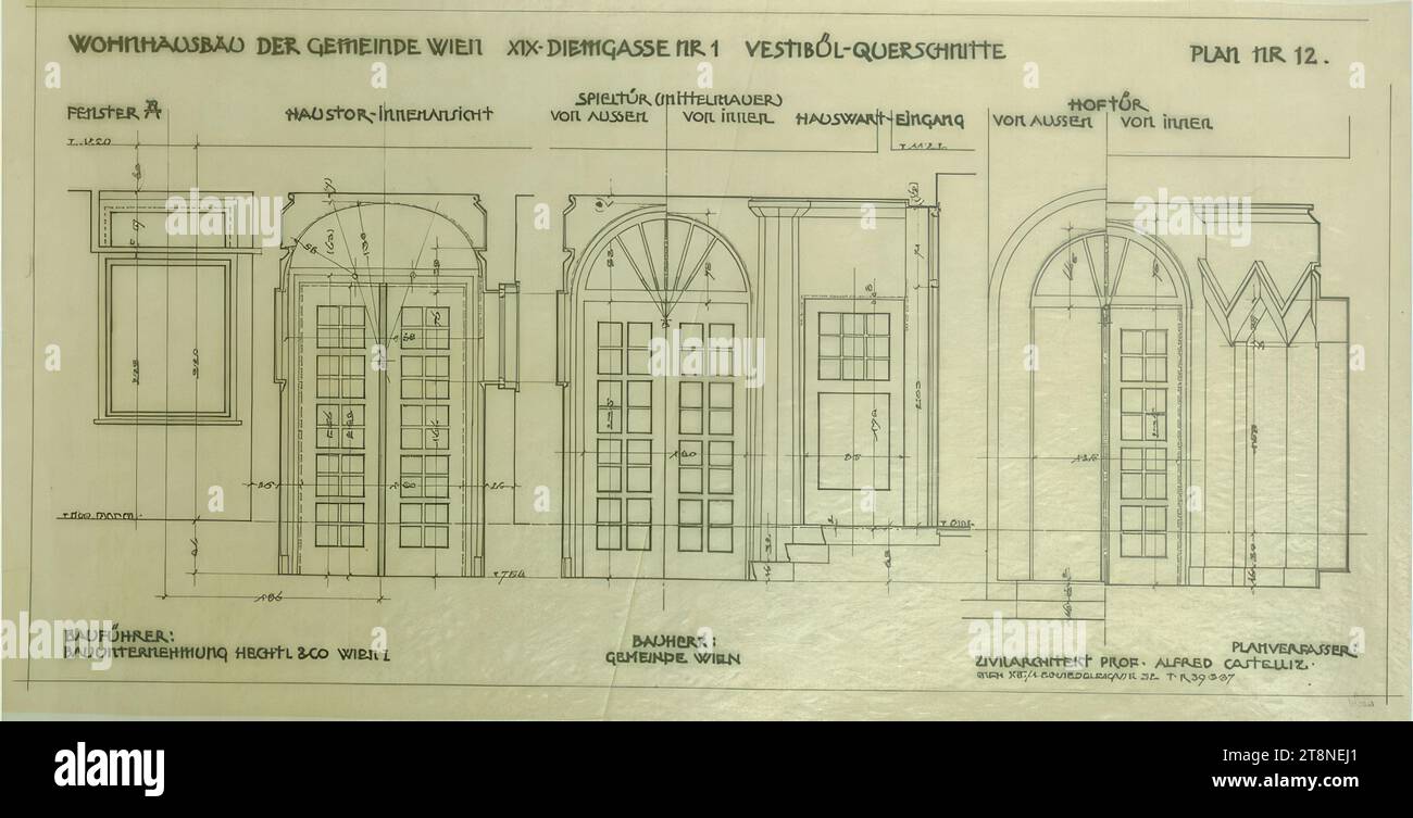 Vienna-Döbling, maison Diemgasse 1, immeuble résidentiel de la commune de Vienne, vestibule, sections transversales, Alfred Castelliz (Celje 1870 - 1940 Vienne), 1928, dessin architectural, papier transparent ; copie, 30,8 X 60,7 CM, 'MAISON RÉSIDENTIELLE DE LA MUNICIPALITÉ DE VIENNE XIX DIEMGASSE NR 1 VESTIBÜL COUPES PLAN NR 12./ FENÊTRE A/ PORTE DE MAISON VUE INTÉRIEURE/ PORTE DE JEU (MUR MOYEN)/ DE L'EXTÉRIEUR/ DE L'INTÉRIEUR/ ENTRÉE DU GARDIEN/ PORTE COUR/ DE L'EXTÉRIEUR/ DE L'INTÉRIEUR', ANNONCES Banque D'Images