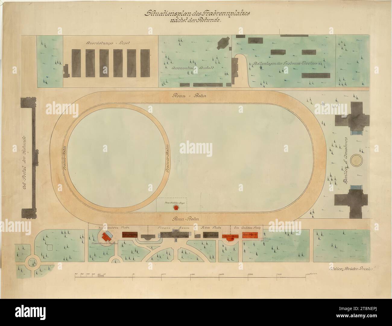 Vienne, Krieau, installation de trot, plan du site, Anton Drexler (Vienne 1858 - 1940 Vienne), Josef Drexler (Vienne 1850 - 1922 Vienne), 1897, dessin architectural, copie avec aquarelles (jaune, marron, gris, vert, bleu, rouge) ; croquis au crayon ; papier, d'épaisseur moyenne, 51,1 x 66,4 cm, 'Plan situationnel de l'arène trotting/ à côté de la rotonde.' Informations topographiques et noms des bâtiments existants et des nouveaux bâtiments prévus, 'Nouvelle boîte du juge / nouveau pavillon de musique / nouveau totalisateur / nouvelle tribune'. Désignation du studio : 'atelier 'Brothers Drexler Banque D'Images