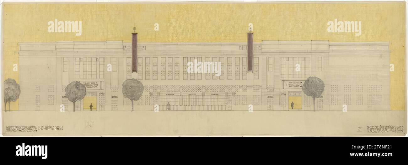 Vienne, Krieau, installation de trot, projet de compétition 'Hipposs', Hegele, tribune des actionnaires, vue arrière, 1910, 1910, dessin architectural, dessin au crayon et dessin au crayon de couleur (jaune, violet), dessin au crayon noir ; papier, épaisseur moyenne;, 31,4 x 94,3 cm, en bas à droite 'II', crayon Banque D'Images