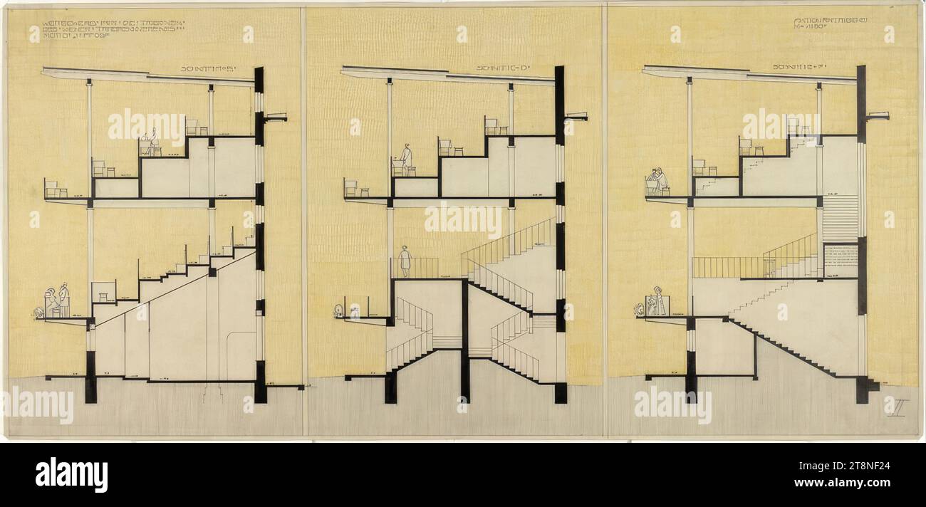 Vienne, Krieau, installation de trot, projet de compétition 'Hippos', Hegele, galerie des actionnaires, coupes, 1910, 1910, dessin architectural, dessin au crayon noir, dessin préliminaire au crayon et dessin au crayon de couleur (jaune) ; papier, d'épaisseur moyenne, 44,4 x 93,4 cm, en bas à droite 'II', crayon Banque D'Images