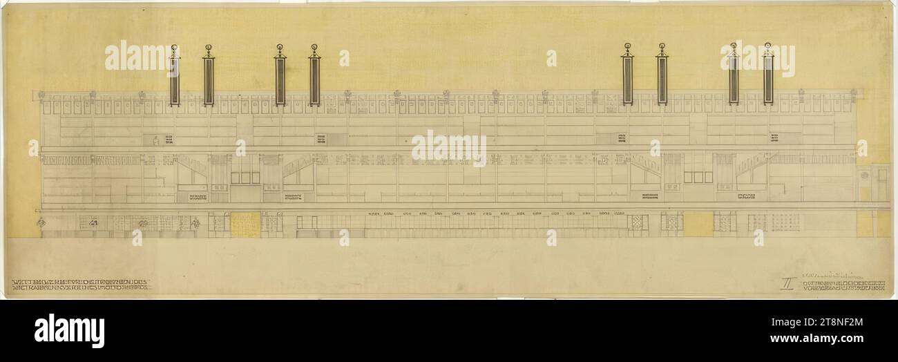 Vienne, Krieau, installation de trot, projet de compétition 'Hipposs', Hegele, tribune des actionnaires, vue de face, 1910, 1910, dessin architectural, dessin au crayon et dessin au crayon de couleur (jaune), dessin au crayon noir ; papier, épaisseur moyenne ;, 31,6 x 94,2 cm, en bas à droite 'II', crayon Banque D'Images