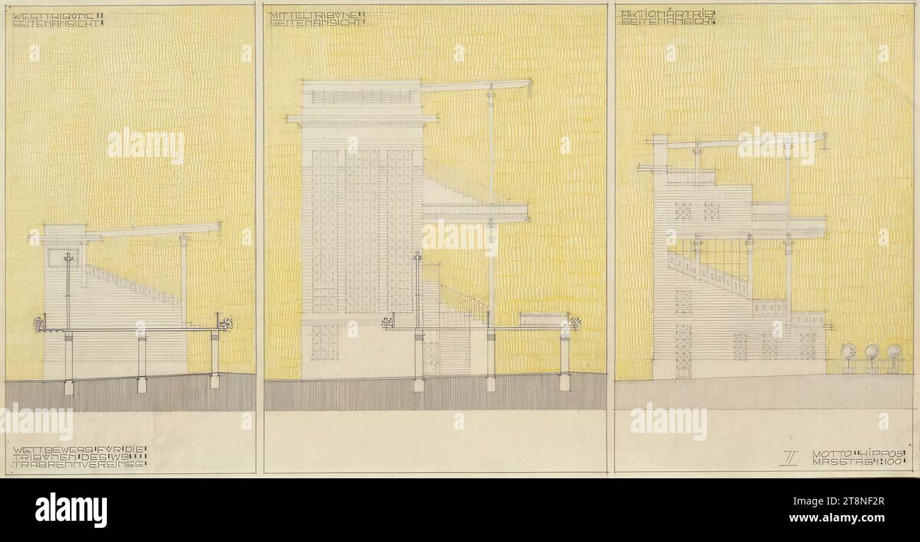 Vienne, Krieau, installation de trot, projet de compétition 'Hipposs', Hegele, stands ouest, milieu et actionnaires, vue latérale, 1910, dessin architectural, dessin au crayon et dessin au crayon de couleur (jaune), dessin au crayon noir ; papier, moyen, 31,4 x 60,1 cm, en bas à droite 'II', crayon Banque D'Images