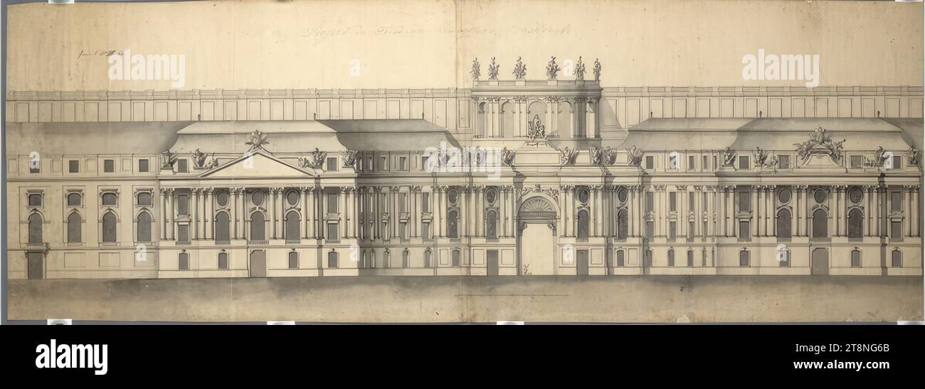 Vienne I, Hofburg, Michaelertrakt, projet, élévation, Josef Emanuel Fischer von Erlach (Vienne 1693 - 1742 Vienne), 1726, dessin d'architecture, craie (dessin préparatoire), plume et encre noire, lavis gris, feuille : 51,8 x 146 cm, recto : 'Project No : 16 (barré) 61.', 'Project der Facad des Burgthors Stadtseite' (au crayon), '10' (en bas à droite) verso: façade, Michaeler Platz, no 43. (Barré) 61 /L-1', '61'. (milieu ci-dessous), 'Burg Facciata Project' (droite Banque D'Images