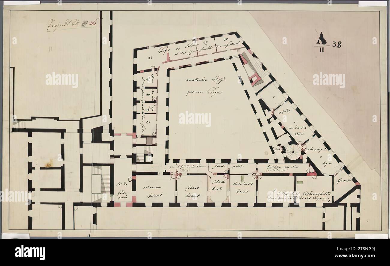 Vienne I, Hofburg, Amalienburg, projet de conversion et de construction neuve, 1e étage, plan d'étage, Nikolaus Franz Leonhard von Pacassi (Wiener Neustadt 1716 - 1790 Vienne), 1764, plan, craie (dessin préliminaire) ; plume noire et sépia ; lavis multicolore, feuille : 32,7 x 53,8 cm, recto : 'amallischer Hoff premier étagée'; salles labellisées en allemand et en français avec détails de l'équipement ; 'Project No 10 (barré) 36' ; 'A/II 38' verso : 'Amalischer Hof Proy Haupt stock' ; 'A/II 38 Banque D'Images