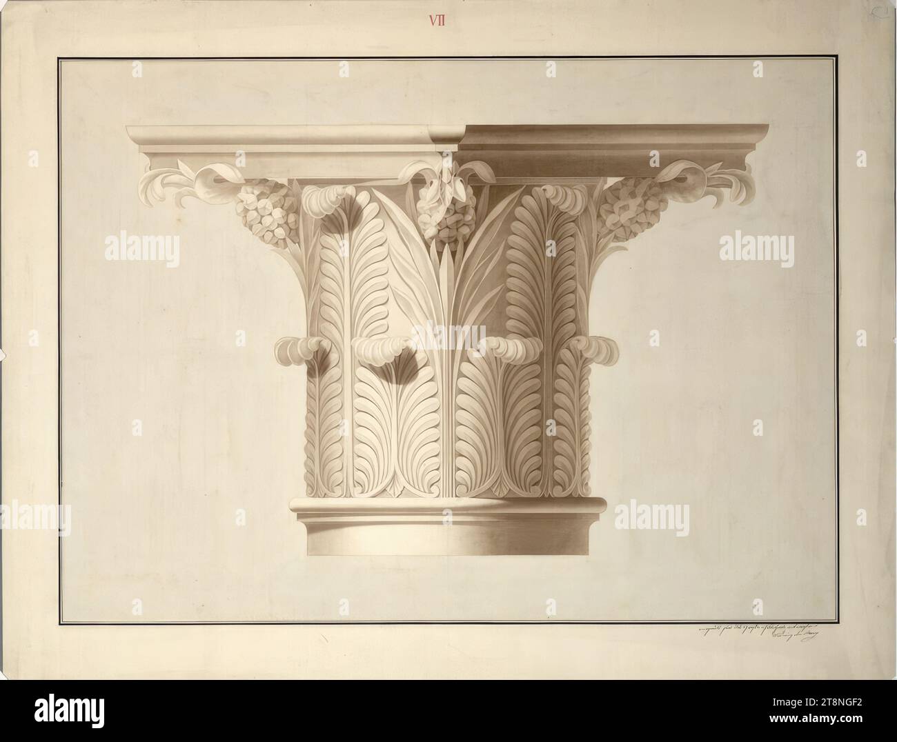 Vienne I, Hofburg, Burggarten, ancienne maison de verre, capitale corinthienne avec décoration d'ananas, vue d'angle, vers 1811, dessin architectural, craie (dessin préliminaire); stylo en noir ; plume rouge ; lavis gris et brun, feuille : 65,1 x 85,4 cm, 'VII', 'conçu spécifiquement (sic) pour la grande maison de verre, Ludwig von Remy Banque D'Images