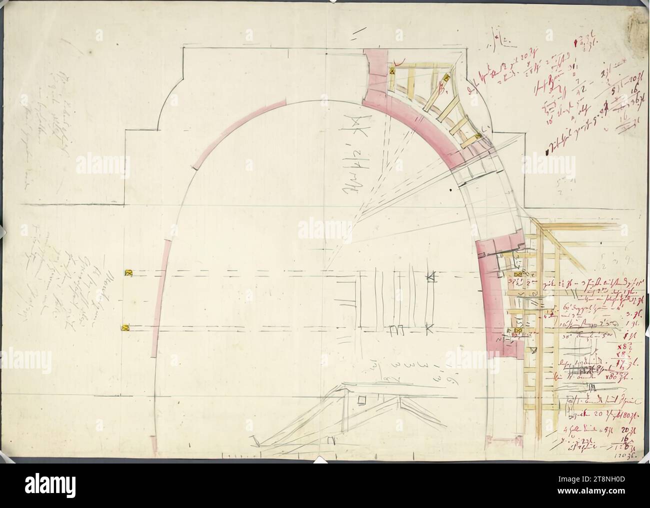 Vienne I, Hofburg, bibliothèque de la cour, dôme, ferme de toit, section horizontale, 1831, plan, graphite ; encre rose; lavis rose, jaune et brun, feuille : 49,3 x 35 cm, poème de Montesquieu ; calculs Banque D'Images