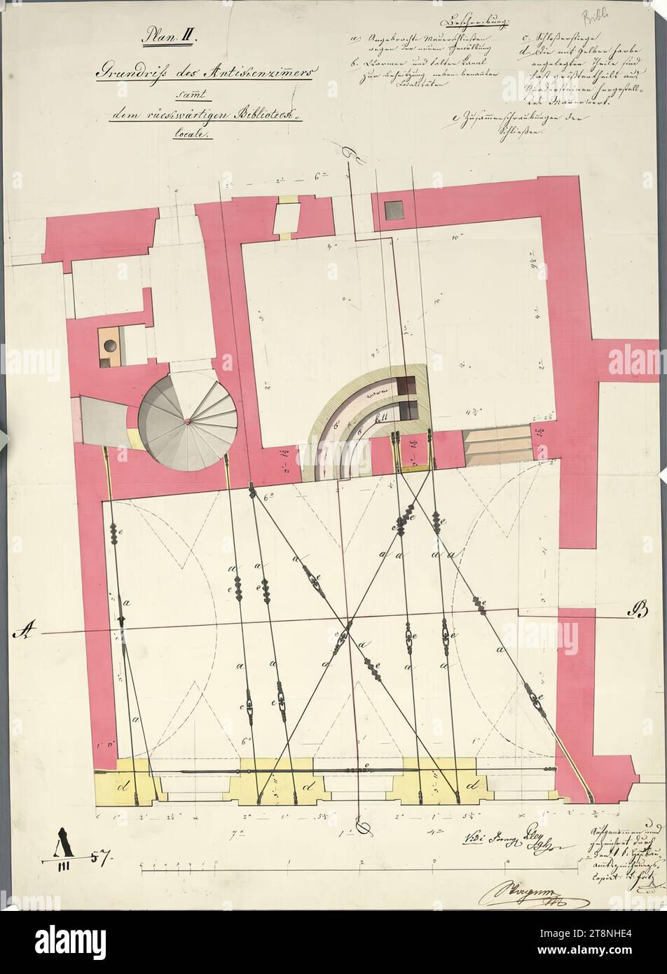 Vienne I, Hofburg, aile Augustinergang, cabinet des antiquités, grande salle, plan d'étage avec entrée de fermetures murales, 1834, plan, graphite (dessin préliminaire) ; stylo en noir et rouge ; lavoir multicolore, feuille : 49,3 x 35,5 cm, recto : 'plan II.' ; 'plan d'étage de la salle antique, y compris, la bibliothèque arrière, locale.'; pièces mesurées et étiquetées avec tous les composants, avec une description au verso : '1022/834' ; 'Château n ° 548' ; 'A/III 57 Banque D'Images