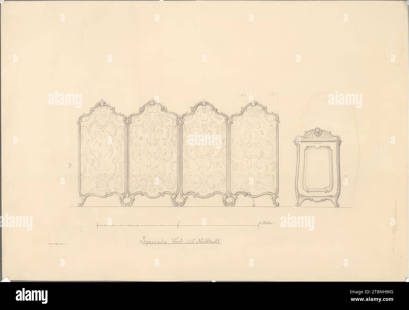 Vienne I, Hofburg, ameublement, écran pliant et table de chevet, élévation, 2e moitié du 19e siècle, dessin architectural, graphite, feuille : 27,6 x 40,2 cm, mur espagnol et table de chevet Banque D'Images