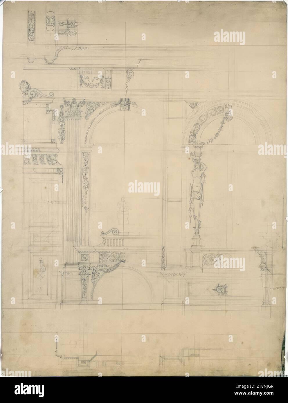 Vienne I, Bösendorferstraße 13, Palais Lützow, 1e étage, petit salon, ébauche pour la conception du mur de la cheminée et du mur miroir, plan d'étage, élévation et section, Carl von Hasenauer (Vienne 1833 - 1894 Vienne), 1870-1872, dessin architectural, crayon sur papier Banque D'Images