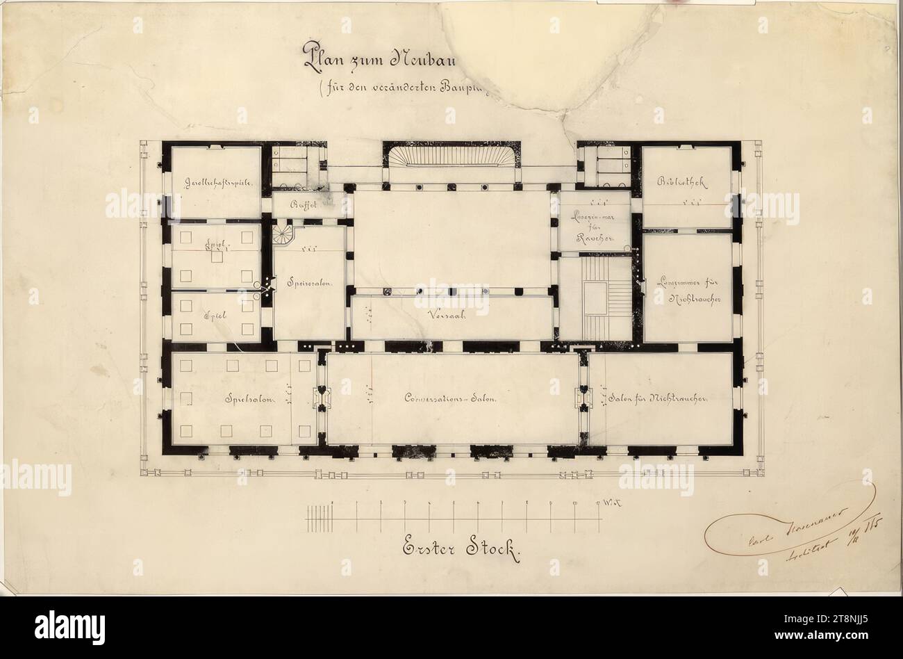 Vienna I, Burgring, Adelscasino, 1st floor, rez-de-chaussée, Carl von Hasenauer (Vienne 1833 - 1894 Vienne), 10 novembre 1865, plan, 'Plan pour le nouveau bâtiment.../ (pour le plan de bâtiment modifié Banque D'Images