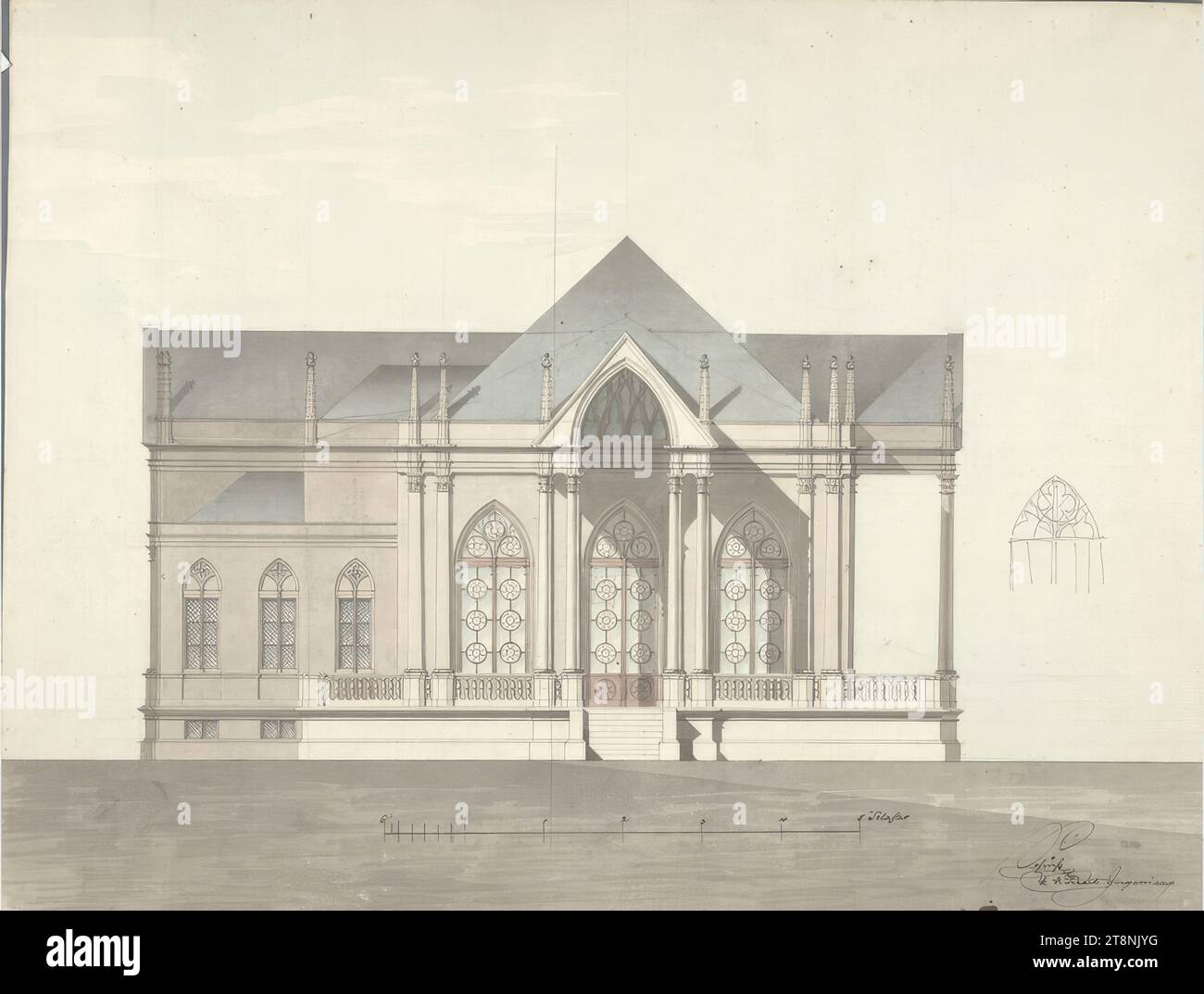 Laxenburg, Parc, Mariana Island, Mariana Temple, vue orthogonale et croquis détaillé, indéfini, 1837-1842, dessin architectural, papier; dessin au stylo ; lignes de construction et croquis au crayon, stylo noir et gris, lavage multicolore, 30,1 x 39,6 cm Banque D'Images