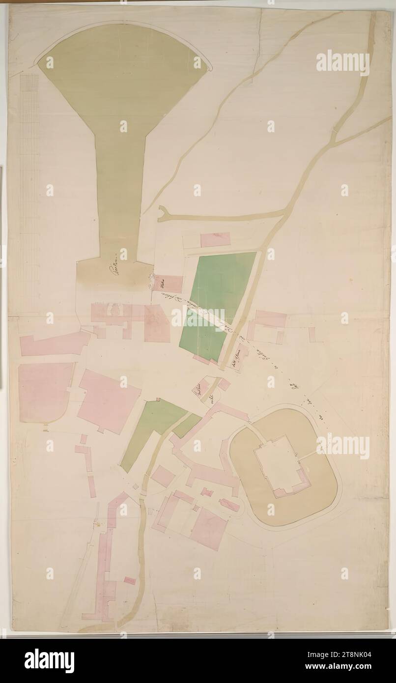 Laxenburg, complexe de palais, concept de développement, ancien palais, théâtre et jardin, plan du site, indéfini, 1755, plan, papier; dessin à la plume ; lignes de construction en graphite, vert, vert olive et rouge wash, inscriptions en plume noire, 60,3 x 99,4 cm, 'Before the hoff in Gartten (sic) et Teatro to Go and drive' désignations d'objet : 'jardin, Teatro, Gasthaus, mihl, Stall' indication d'échelle Banque D'Images