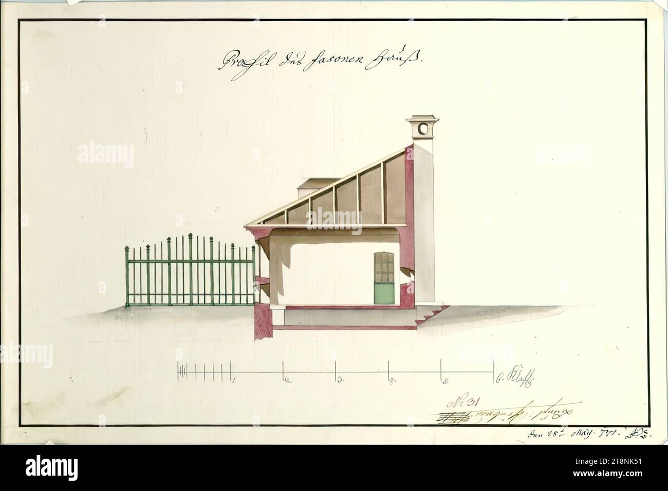 Vienne, Palais Schönbrunn, petit jardin faisan, maison faisan, section, indéfini, 1771, plan, papier ; dessin graphite; stylo noir (rouge et marron), lavage multicolore, 26 x 39,5 cm Banque D'Images