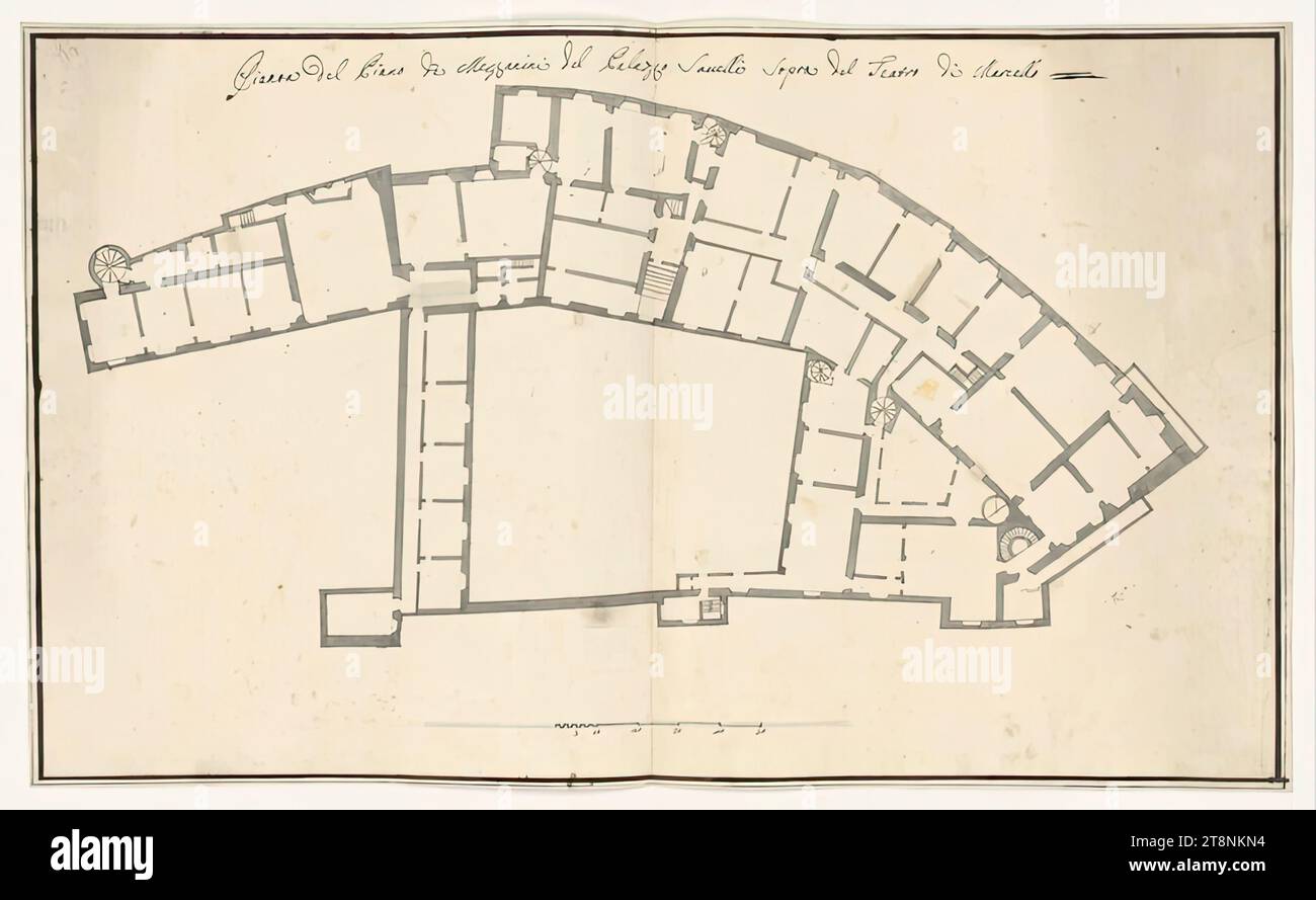 Rome, Palazzo Savelli, Théâtre de Marcellus, plan au sol de la mezzanine, Portugal, 1720 - 1730, plume et encre brune, lavage gris, nombreux trous d'épingle d'un procédé de traçage, 42,2 cm x 69,9 cm, M.O. 'Pianta del Piano de Mezzanini del Palazzo Savelli Sopra del Teatro di Marzello' (écriture Giuseppe Marchetti Banque D'Images