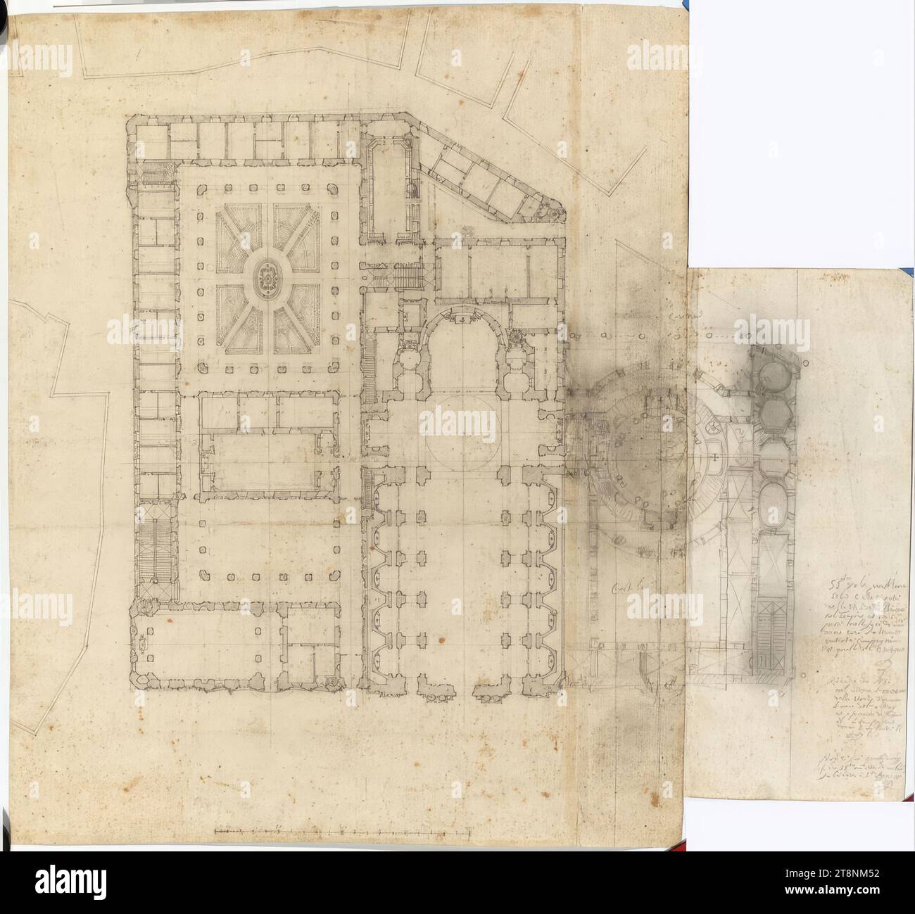 ROM, Casa dei Filippini, Gesamtentwurf in drei Phasen, 1636-1644, Architekturzeichnung, papier, mittelstark; Graphitzeichnung ; Konstruktion, Zeichnung, Beschriftung, Kotierung und Maßstab in feinem, Skizze in grobem Graphit, 46,9 cm x 50,7 cm, r.: 'S.S.ta vole un Altare, seul et que l'on entre, par la route de Parione, dans le temple et que l'on passe au facc.ta dava(n)TI, où sera l'autre, compagnon d'entrée à celui de l'Oratoire' ; Darunter: «Je me souviens que N.S., je voulais voir les écrits, des salles variaient les uns des autres, et j'ai promis d'apporter Banque D'Images
