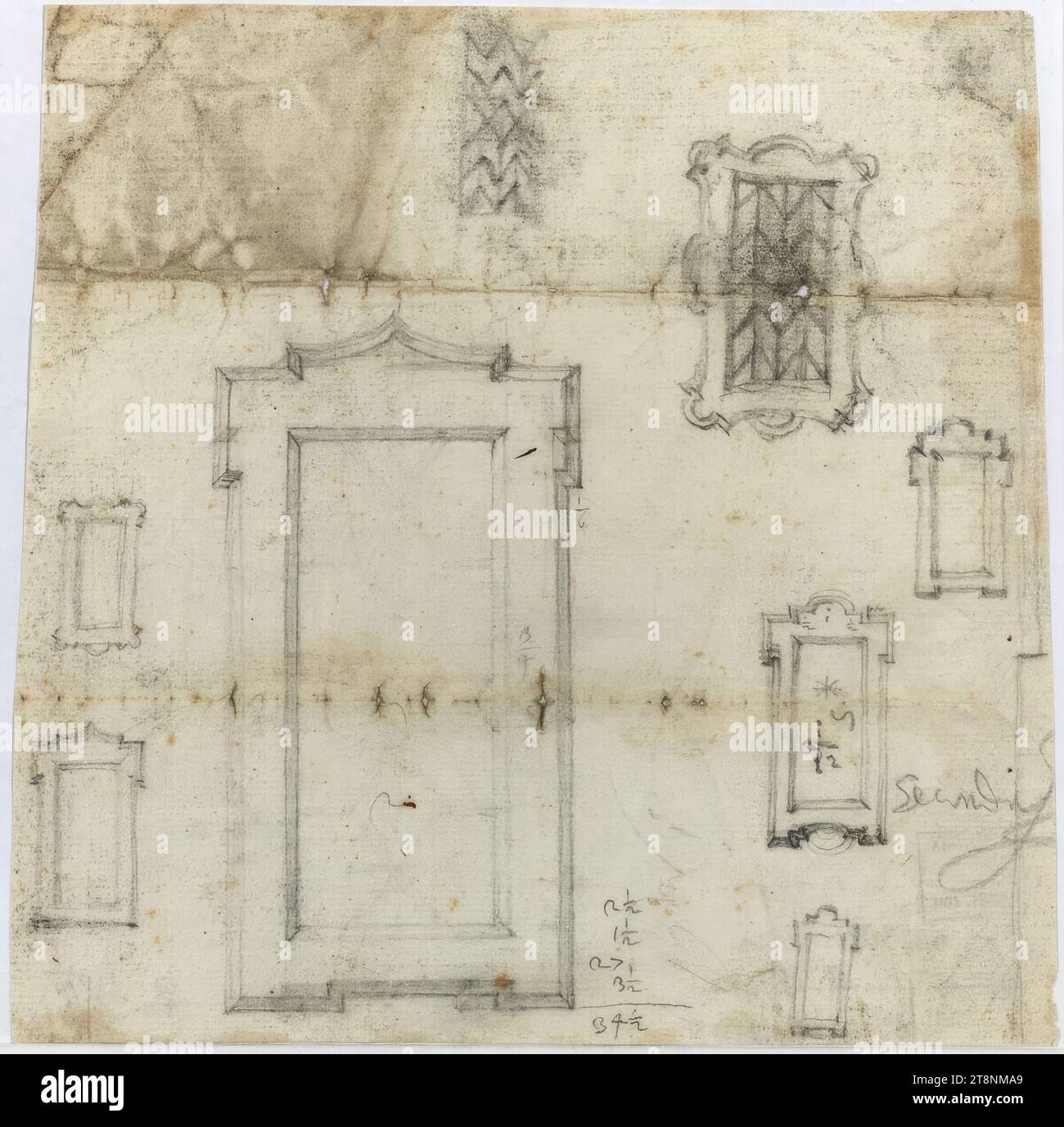 Rome, Casa dei Filippini, sept conceptions de fenêtres, dessin architectural, papier, fine ; croquis graphite ; esquisses, inscriptions et annotations en graphite, 18,6 x 18,6 cm Banque D'Images