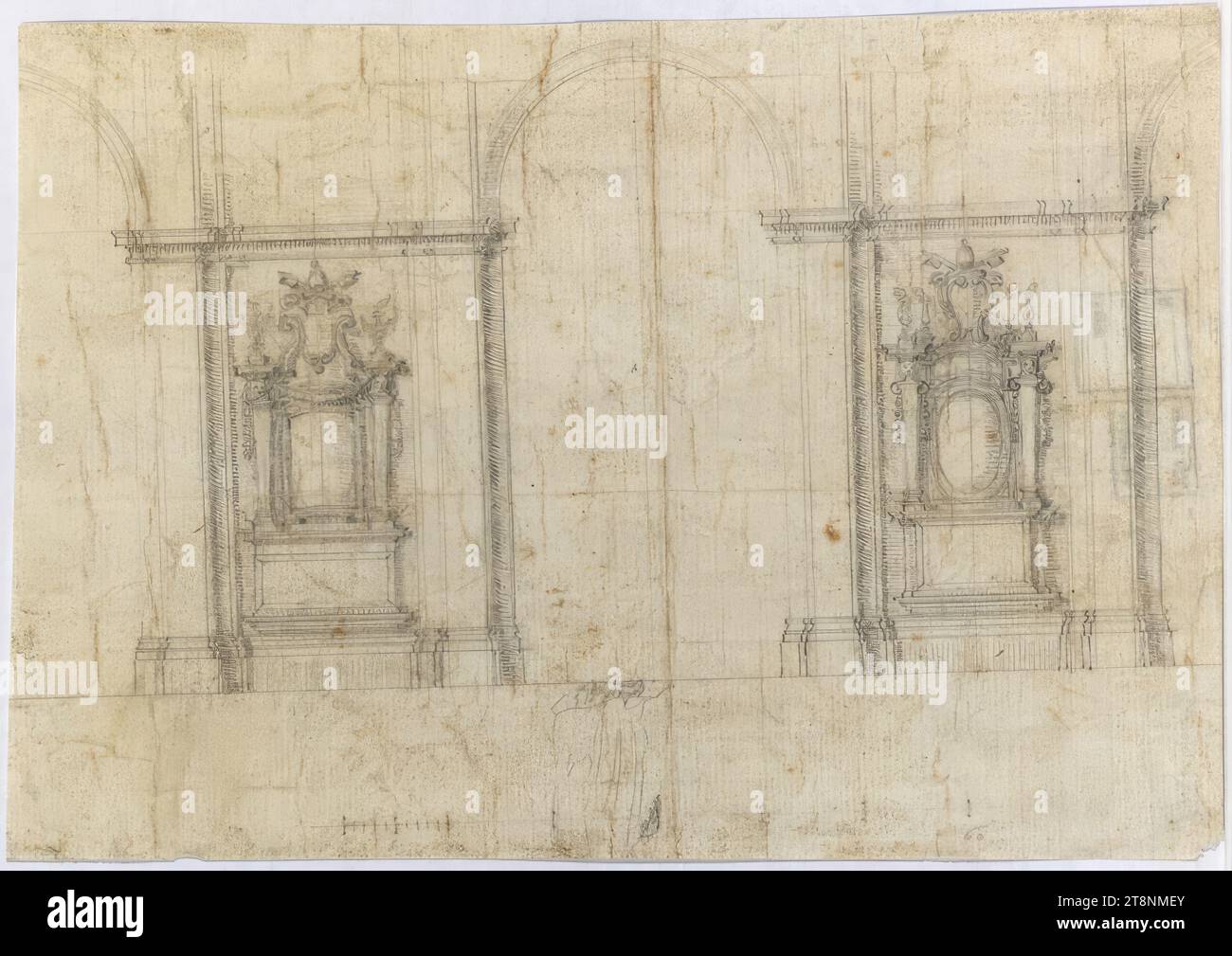 Rome, San Giovanni in Laterano, tombeaux muraux, 1659, dessin architectural, papier, fine ; étirage graphite ; rainures borgnes ; Construction, étirage, échelle et numérotation en graphite, 16,2 x 23,5 cm Banque D'Images