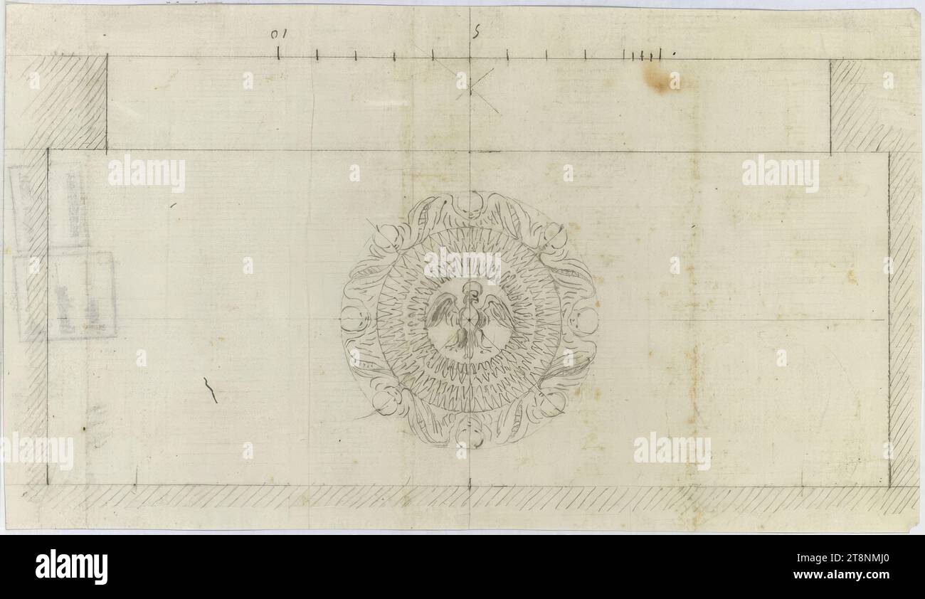 Rome, San Giovanni in Laterano, plan au sol d'une salle rectangulaire avec une arche d'entrée ; décoration au plafond avec colombe du Saint-Esprit et têtes d'ange, dessin architectural, papier, fin ; dessin graphite; rainures borgnes ; dessin (tracé) et échelle en graphite, 10,7 x 20,5 cm Banque D'Images