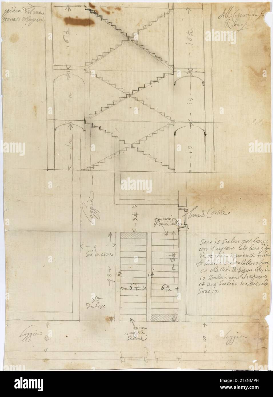 ROM, Santa Maria della Concezione, Kapuzinerkloster, Architekturzeichnung, papier, fein; Graphitzeichnung ; Konstruktion, Zeichnung, Beschriftung und Kotierung in graphit, 34,3 x 25 cm, ro : 'Alli Capuccini Roma' ; l.o. : 'Floor of the brickwork above' ; r.U.: 'ils sont 15 marches par branche avec l'étagère haute, un p(almi) 5/6 donne environ 1/2 once de pente par étape sauf pour la dernière branche qui monte à l'étage qui est de 17 marches avec l'étagère et une marche transversale qui sont 18' ; Raumbezeichnungen und Aufmessungen Banque D'Images