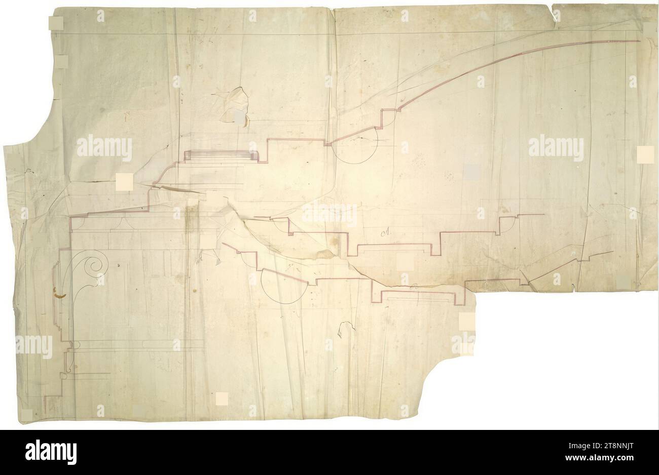 Vienne I, Bösendorferstraße 13, Palais Lützow, profil de plafond, Carl von Hasenauer (Vienne 1833 - 1894 Vienne), vers 1870, plan, crayon, stylo noir et rouge, aquarelle, 1370 x 2168 mm Banque D'Images