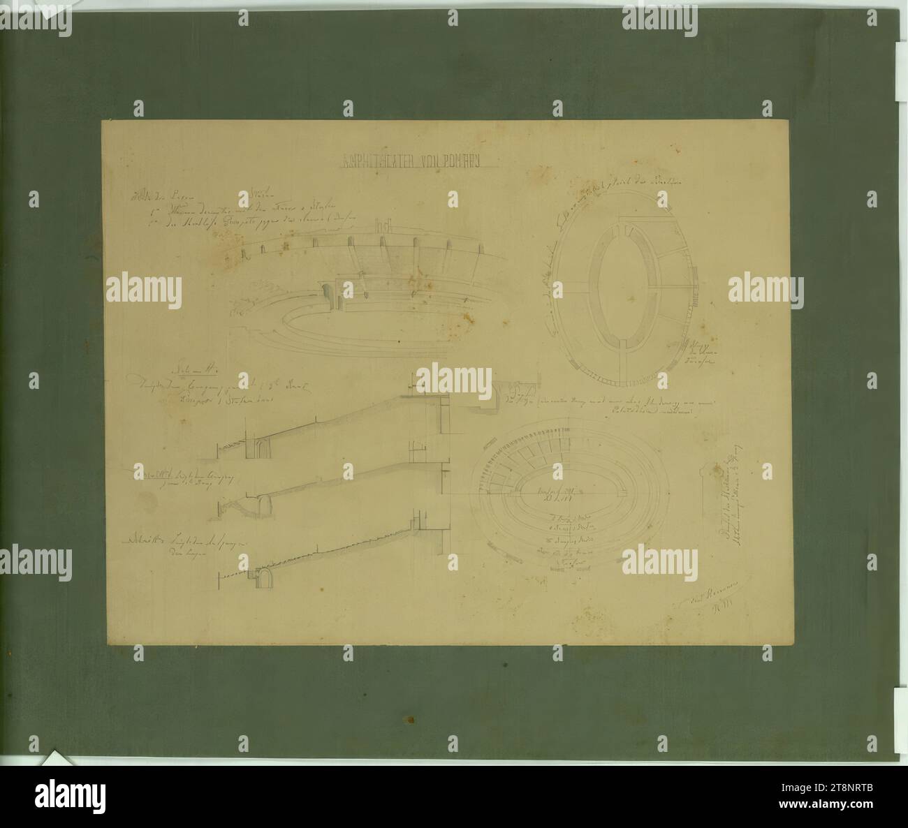 Pompéi, amphithéâtre, plans, sections et perspective, Carl von Hasenauer (Vienne 1833 - 1894 Vienne), 14 avril 1853, plan, crayon, 230 x 303 mm (329 x 396 mm), 'AMPHITHÉÂTRE DE POMPÉE', 'hauteur des boîtes 7 marches / 5° mur en dessous avec les portes 6 marches / 5° du parapet de fermeture contre l'arène 6 marches', 'la coupe a/ montre l'entrée du 2e et 3e étage/ Parapet 3 marches en haut', 'la coupe b montre l'entrée/ au 1e étage', 'la section c montre l'escalier vers/ les boîtes', 'le terrain au niveau de la terrasse supérieure (sic) probablement le même que le bastion' Banque D'Images