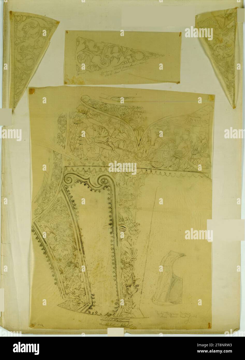 Décorations ornementales de pièces d'armure, Carl von Hasenauer (Vienne 1833 - 1894 Vienne), 1856, dessin architectural, crayon, stylo en noir, 608 x 435 mm, 'dessin fer blanc, noir moulu/ bouclier Museo Corer (sic)', 'partie arrière d'un costume d'armure/ Museo Corer (sic) Venise 1856.', '805 1661 Banque D'Images