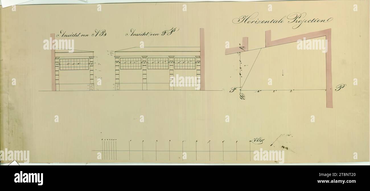 Vienne IV, pavillons et halls d'exposition de la 3e exposition commerciale de produits à l'école polytechnique, couloir de liaison dans la 2e cour, plan au sol et élévations, 1845, plan, crayon, stylo en noir, aquarelle, 221 x 527 mm, 'vue depuis AB', 'vue depuis FP', 'projection horizontale Banque D'Images