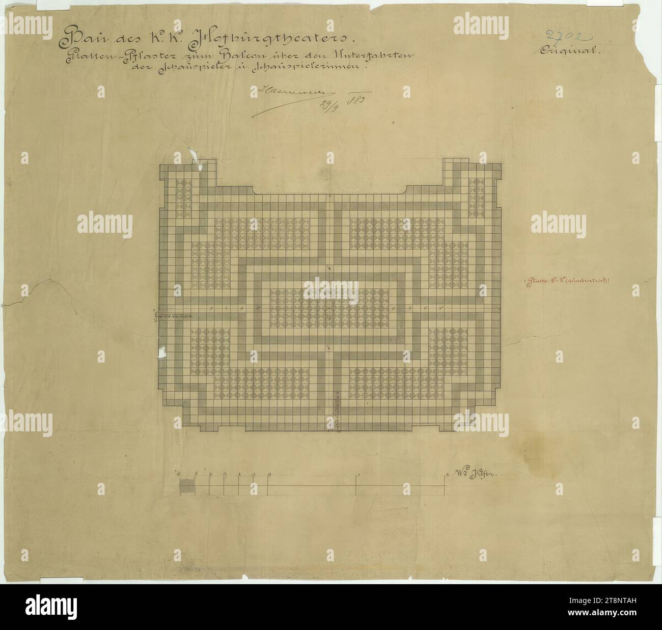 Vienne I, Burgtheater, passage souterrain de l'acteur, revêtement de terrasse, plan au sol, Carl von Hasenauer (Vienne 1833 - 1894 Vienne), 29 septembre 1889, plan, plume, aquarelle, x mm, '2702/ Original.', 'Construction du K. K. Hofburgtheater., plâtre au balcon sur les allées inférieures, des acteurs et actrices Banque D'Images