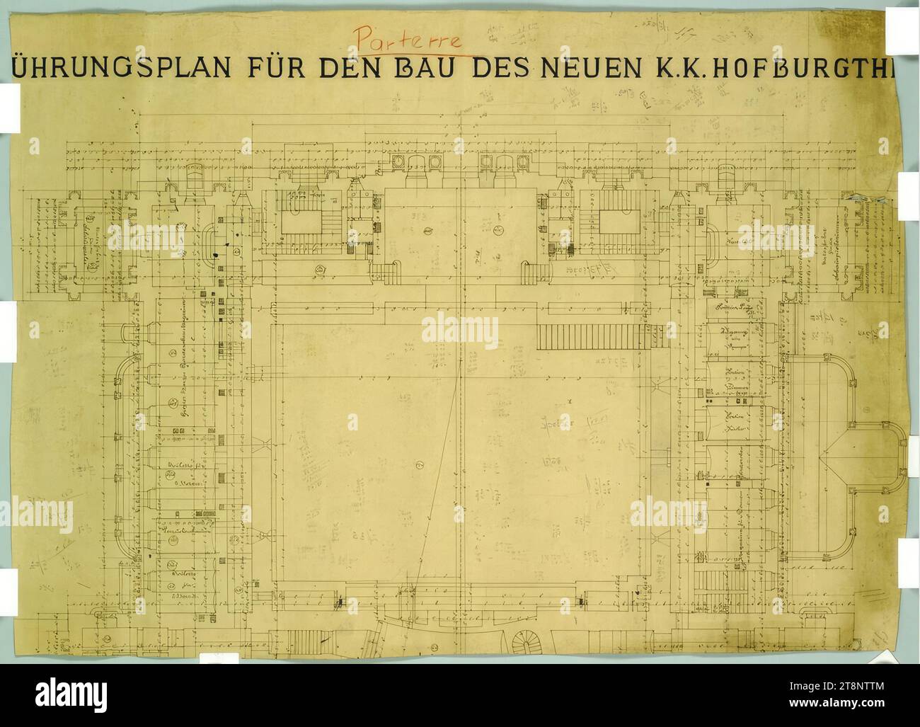 Vienne I, Burgtheater, bâtiment de scène, rez-de-chaussée, plan d'étage, Carl von Hasenauer (Vienne 1833 - 1894 Vienne), plan, pause, 540 x 755 mm, '(EXÉCUTION) PLAN POUR LA CONSTRUCTION DU NOUVEAU K. K. HOFBURGTH(MANGEURS)', 'parterre Banque D'Images