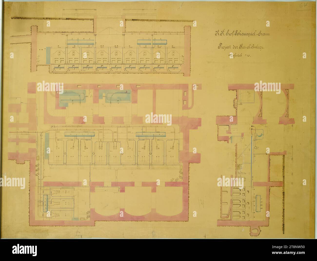 Vienne I, Burgtheater, système de chaudière, plan et sections, Carl von Hasenauer (Vienne 1833 - 1894 Vienne), plan, pause, aquarelle, 813 x 1085 mm, K. K. Hof. Drama House./ Project of the Boiler Plant.', '64 Banque D'Images