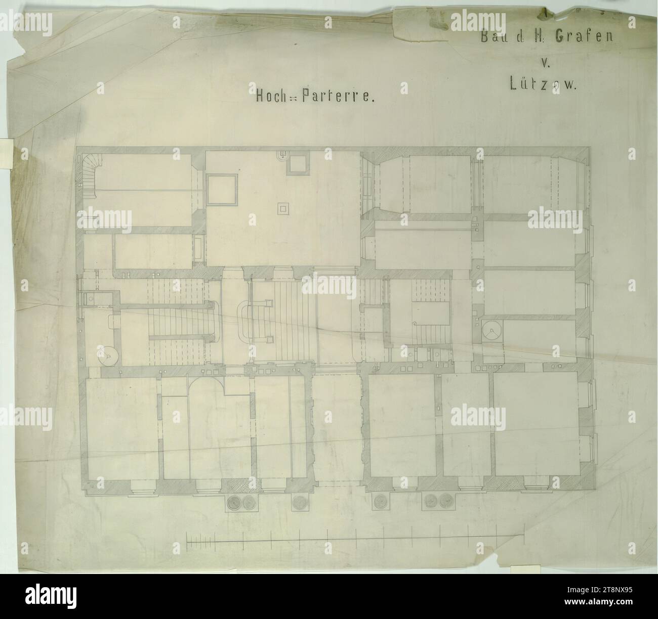 Vienne I, Bösendorferstraße 13, Palais Lützow, rez-de-chaussée surélevé, plan, Carl von Hasenauer (Vienne 1833 - 1894 Vienne), vers 1870, plan, papier transparent, crayon, 524 x 615 mm, 'Bau d : h : Grafen/ v./ Lützow .', 'High::First floor Banque D'Images