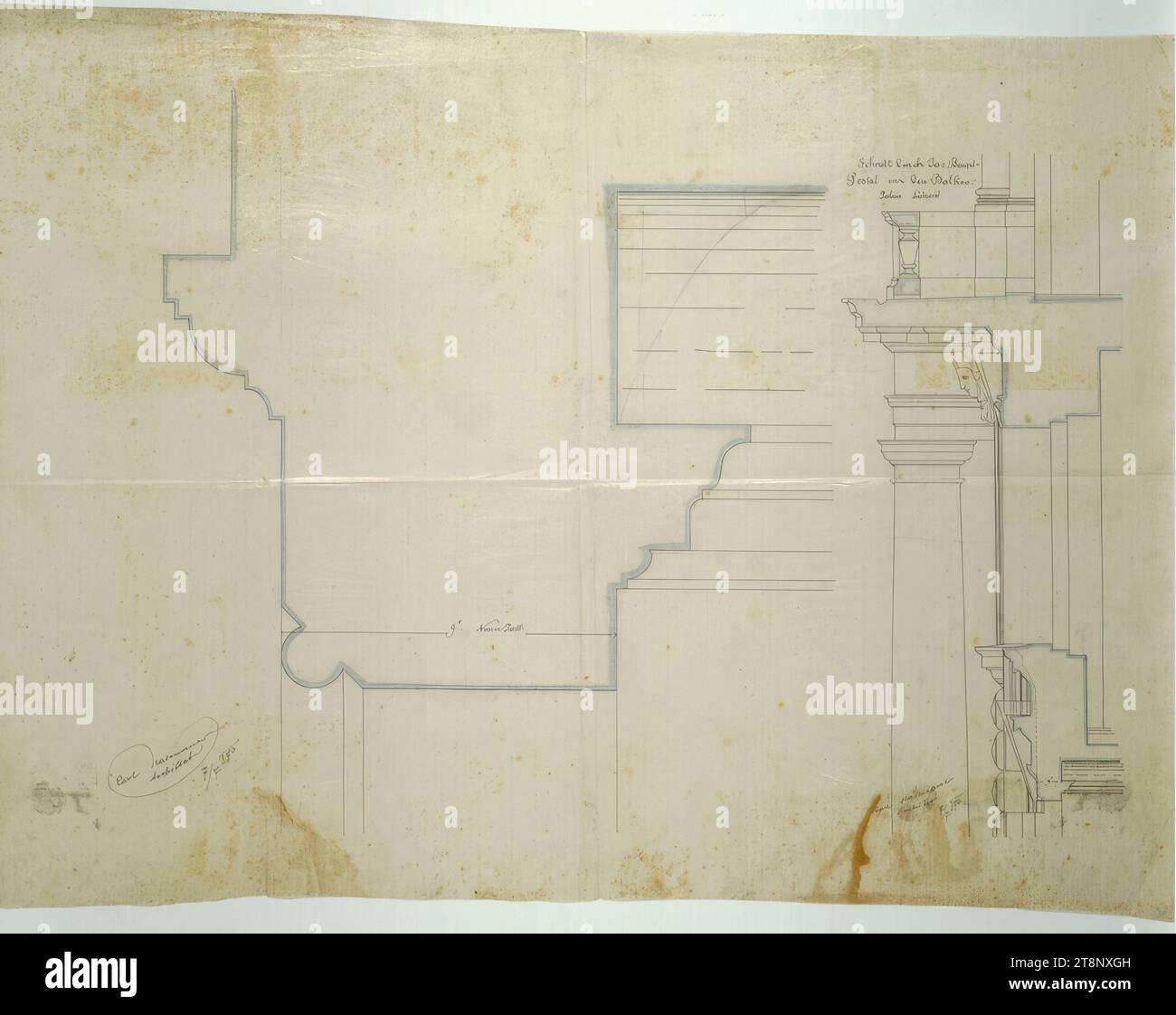 Vienne I, Bösendorferstrasse 13, Palais Lützow, façade donnant sur Bösendorferstrasse, section au niveau de la mezzanine, Carl von Hasenauer (Vienne 1833 - 1894 Vienne), 7 juillet 1870, plan, toile de cire, stylo en noir, crayon, 698 x 957 mm, 'Section à travers le principal, le portail et le balcon./ Palais Lützow Banque D'Images