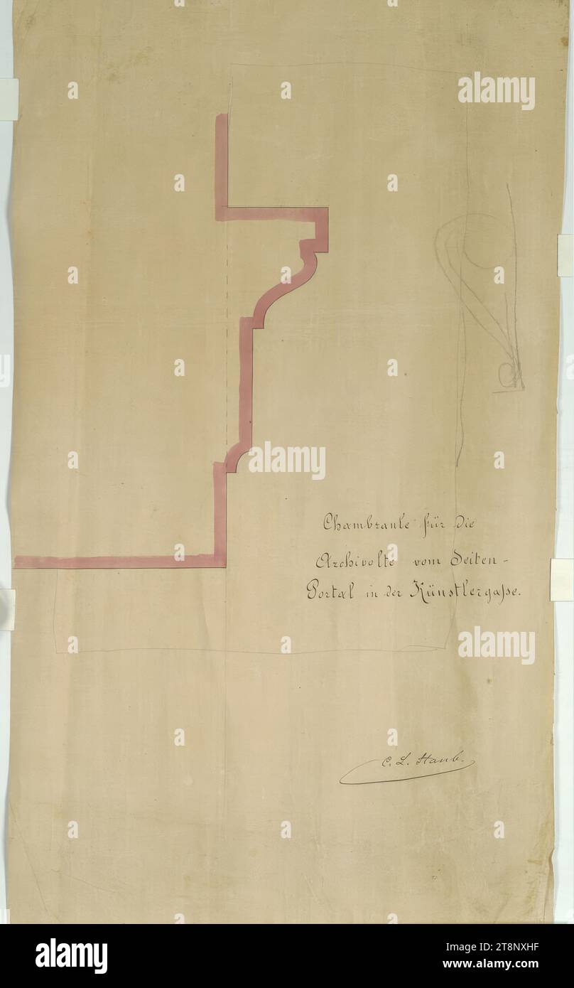 Vienne I, Bösendorferstraße 13, Palais Lützow, portail latéral, profil corniche, Carl von Hasenauer (Vienne 1833 - 1894 Vienne), vers 1870, plan, crayon, stylo en noir, aquarelle, 632 x 362 mm, 'Chambranle pour le/ Archivolt de côté -/ Portail dans le Künstlergasse Banque D'Images