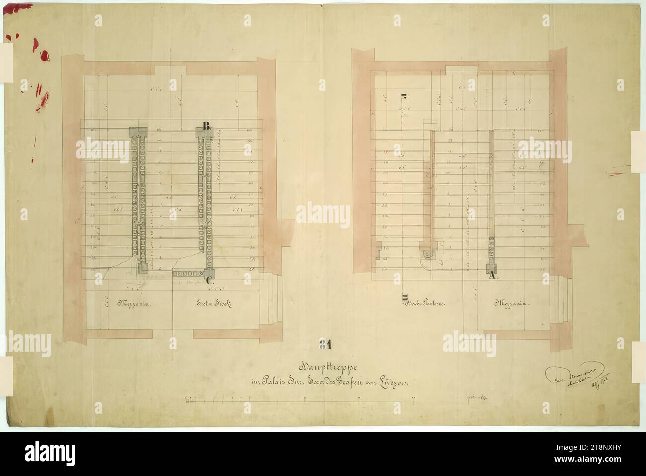 Vienne I, Bösendorferstraße 13, Palais Lützow, escalier principal, plans d'étage, Carl von Hasenauer (Vienne 1833 - 1894 Vienne), 28 septembre 1870, plan, crayon, stylo noir, bleu et rouge, aquarelle, 604 x 908 mm, '81/ escalier principal/ dans le Palais SNR. exc. Du comte de Lützow Banque D'Images