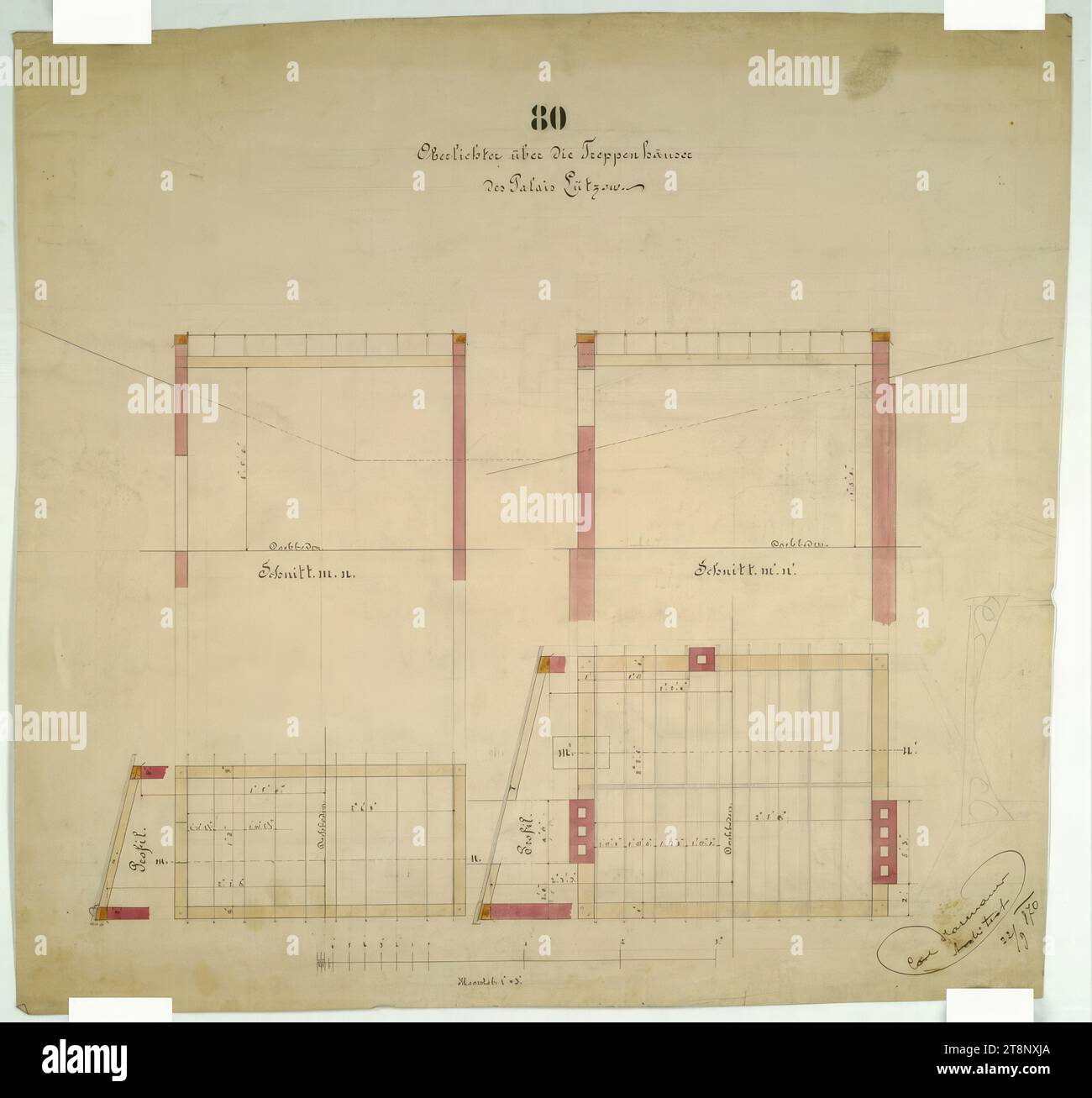 Vienne I, Bösendorferstraße 13, Palais Lützow, structures lucarnes des cages d'escalier, plans d'étage, coupes transversales et longitudinales, Carl von Hasenauer (Vienne 1833 - 1894 Vienne), 22 septembre 1870, plan, crayon, stylo noir, rouge, gris et vert, aquarelle, 542 x 579 mm, '80/ puits de lumière au-dessus des escaliers/ du Palais Lützow Banque D'Images